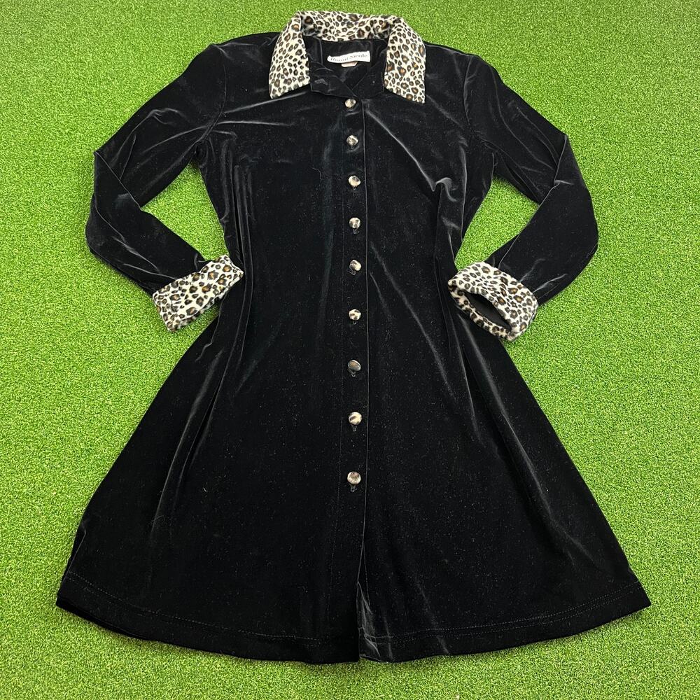 Vintage 90s Ronni Nicole Leopard Trim Black Velvet Shirt Dress Sz 10